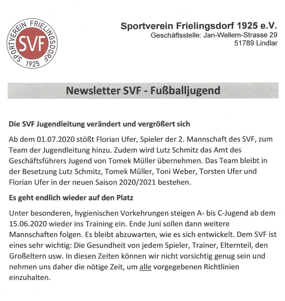 Newsletter SVF-Fußballjugend
